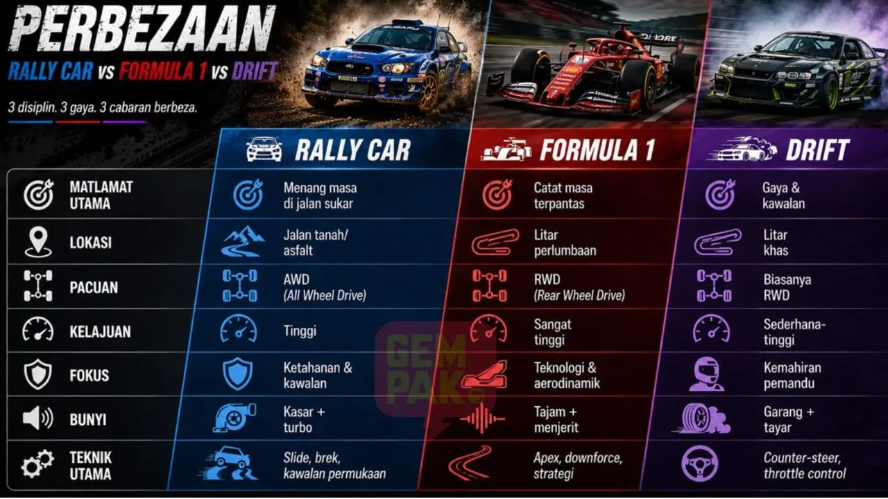 Rali, F1 atau Drift? Ini Perbezaan Yang Ramai Masih Keliru