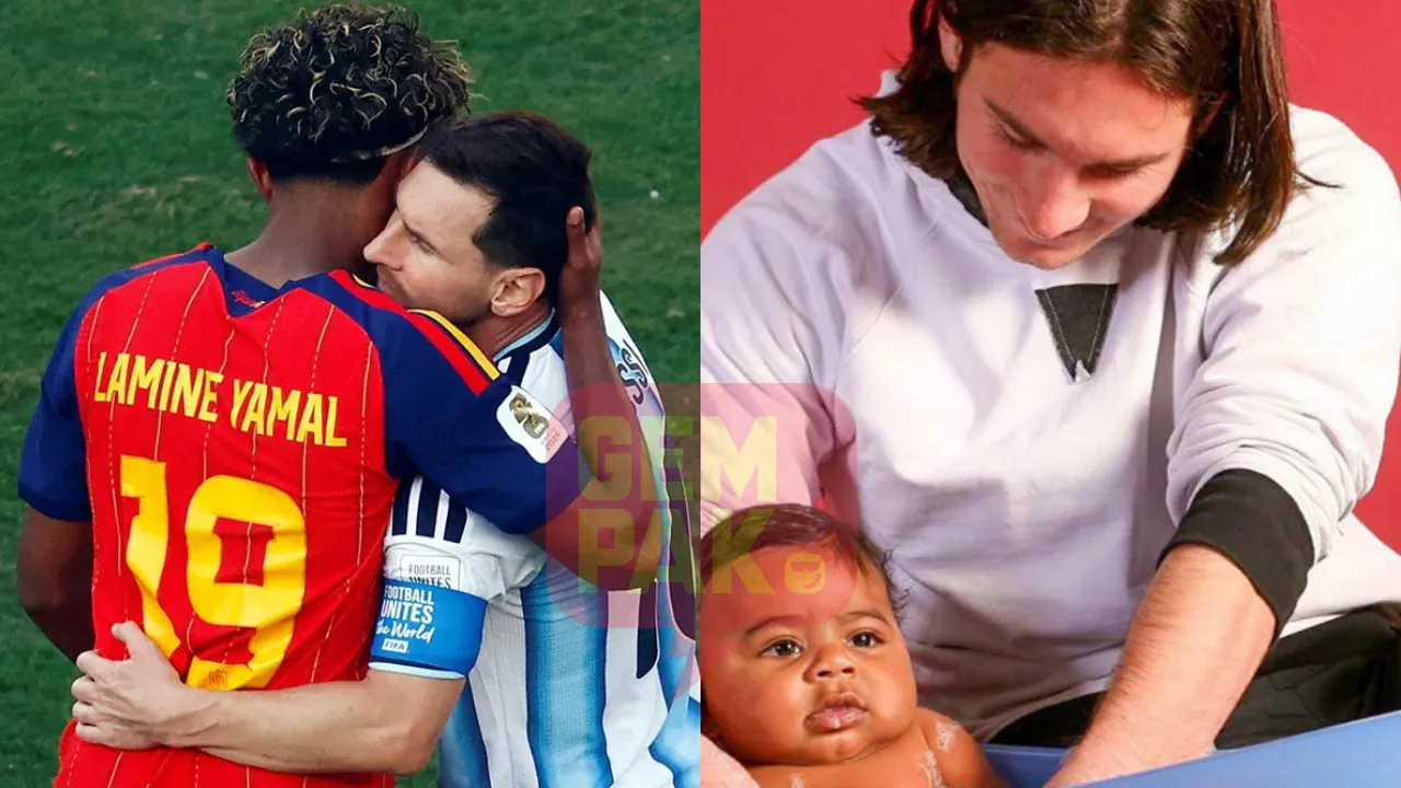 Pemain Sepanyol, Lamine Yamal (kiri), dan kapten Argentina, Lionel Messi, berpelukan selepas tamat perlawanan akhir Piala Dunia, dengan Sepanyol muncul juara selepas menewaskan Argentina di East Rutherford, New Jersey. - Foto REUTERS