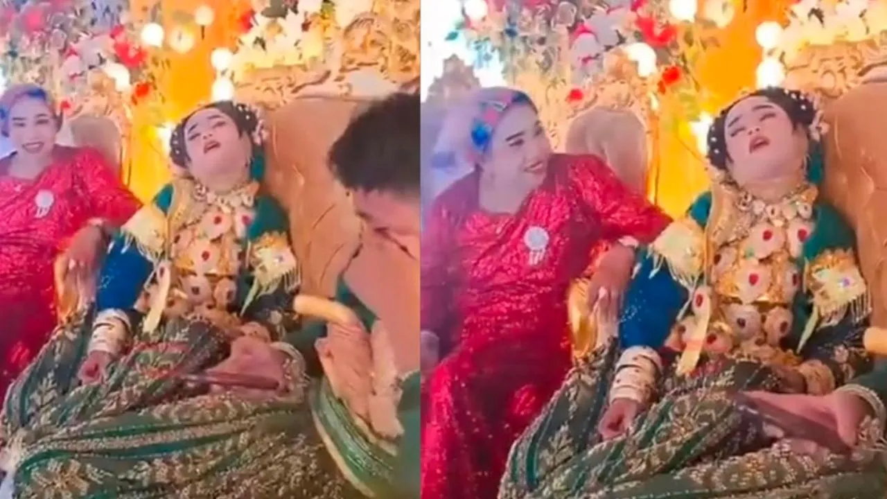 Rakaman video dimuat naik di platform TikTok oleh akaun @officiallambeturah menunjukkan pengantin perempuan itu sedang tidur nyenyak semasa duduk di atas pelamin.