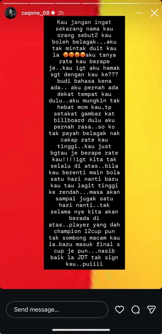 IG Story panas Zaquan Adha cetus tanda tanya -- Siapa pemain yang dimaksudkan?