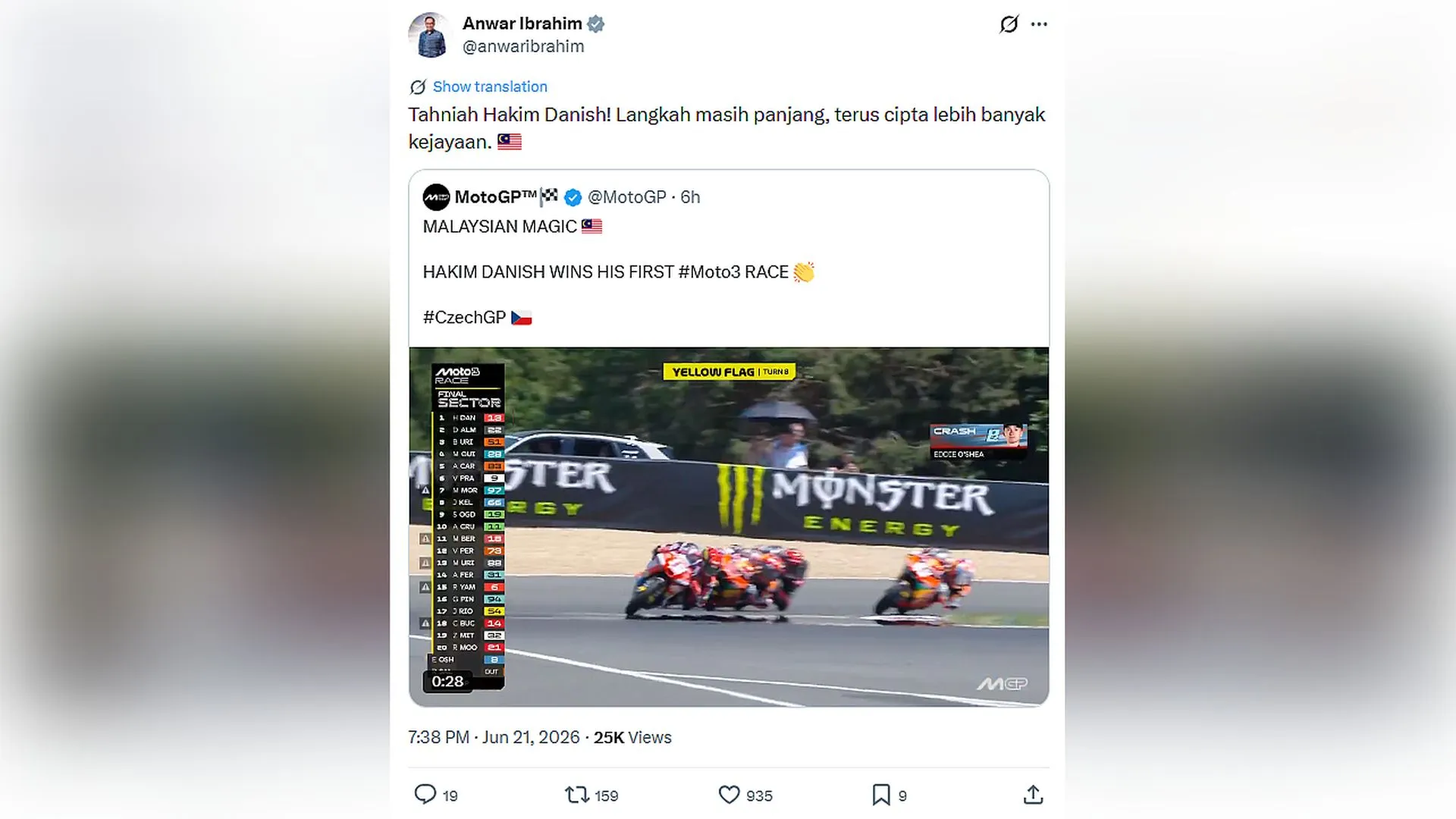 'Langkah masih panjang, terus cipta lebih banyak kejayaan', Anwar ucap tahniah kepada Hakim Danish