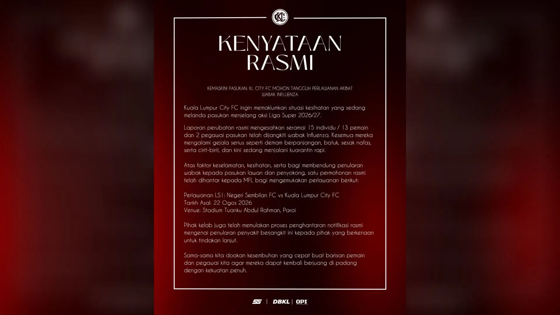 KL City mohon tangguh perlawanan akibat wabak influenza, 15 pemain dan pegawai terjejas