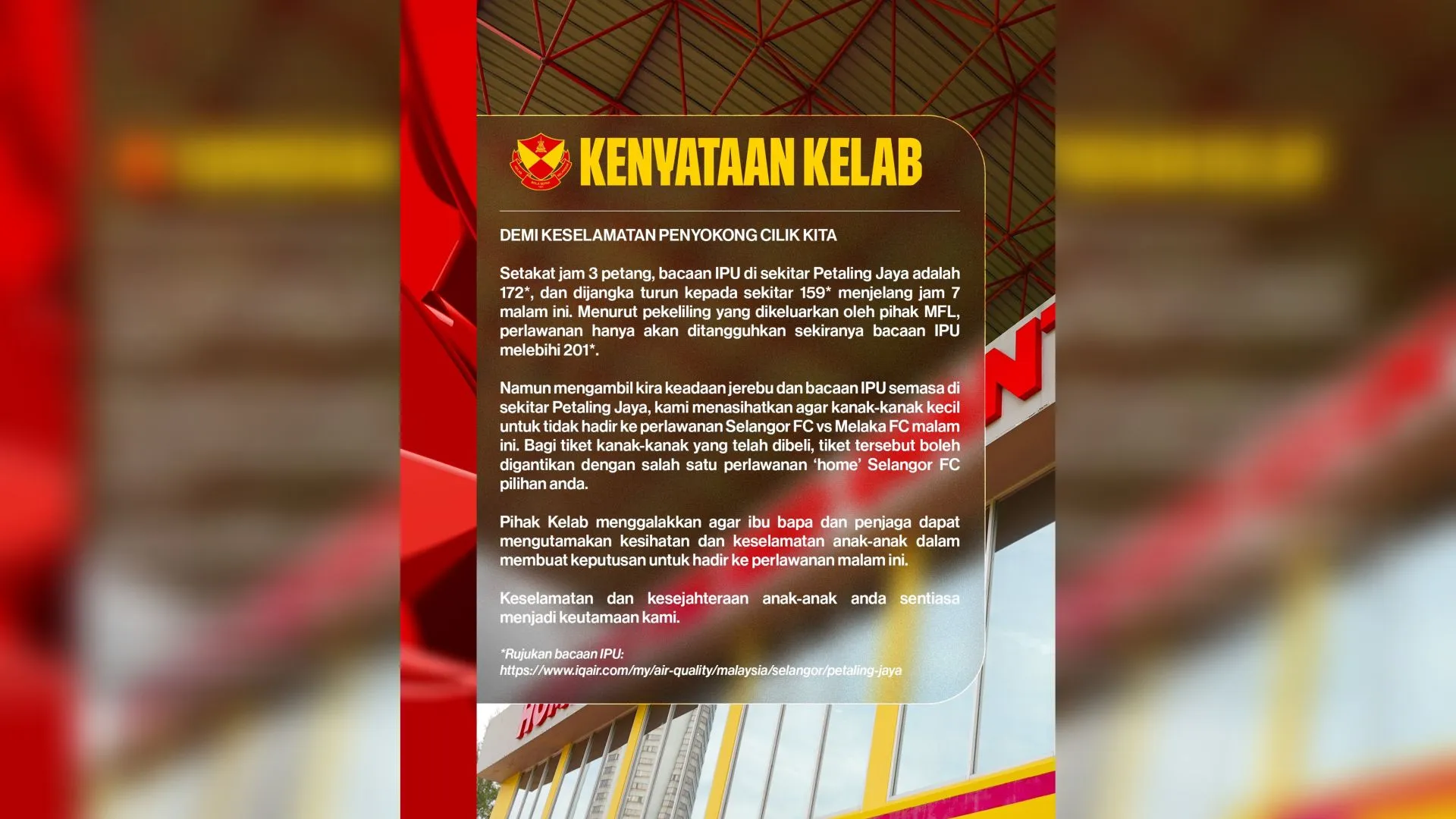 Jerebu: Selangor nasihatkan penyokong cilik elak hadir perlawanan demi keselamatan