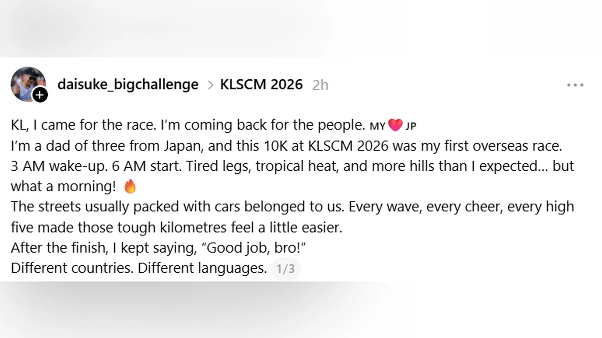 KLSCM 2026: Datang KL kerana acara larian, mahu kembali kerana rakyat Malaysia -- pelari Jepun