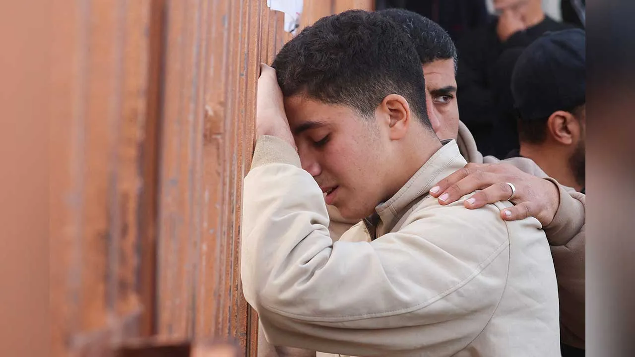 Mourners react during the funeral of Palestinians killed in an overnight Israeli strike, according to medics, at Nasser Hospital in Khan Younis in the southern Gaza Strip, February 15, 2026. Reuters/Ramadan Abed