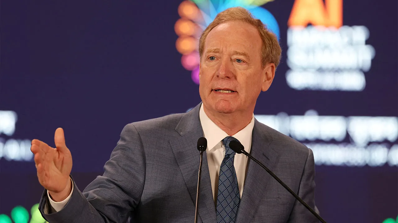 Microsoft's Vice Chair and President Brad Smith, addresses the gathering at the AI Impact Summit, in New Delhi, India, February 19, 2026. REUTERS/Bhawika Chhabra