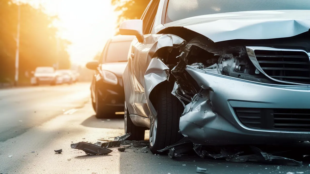 car crash. accident on the road. banner with copy space. generative AI -- Adobe Stock Image