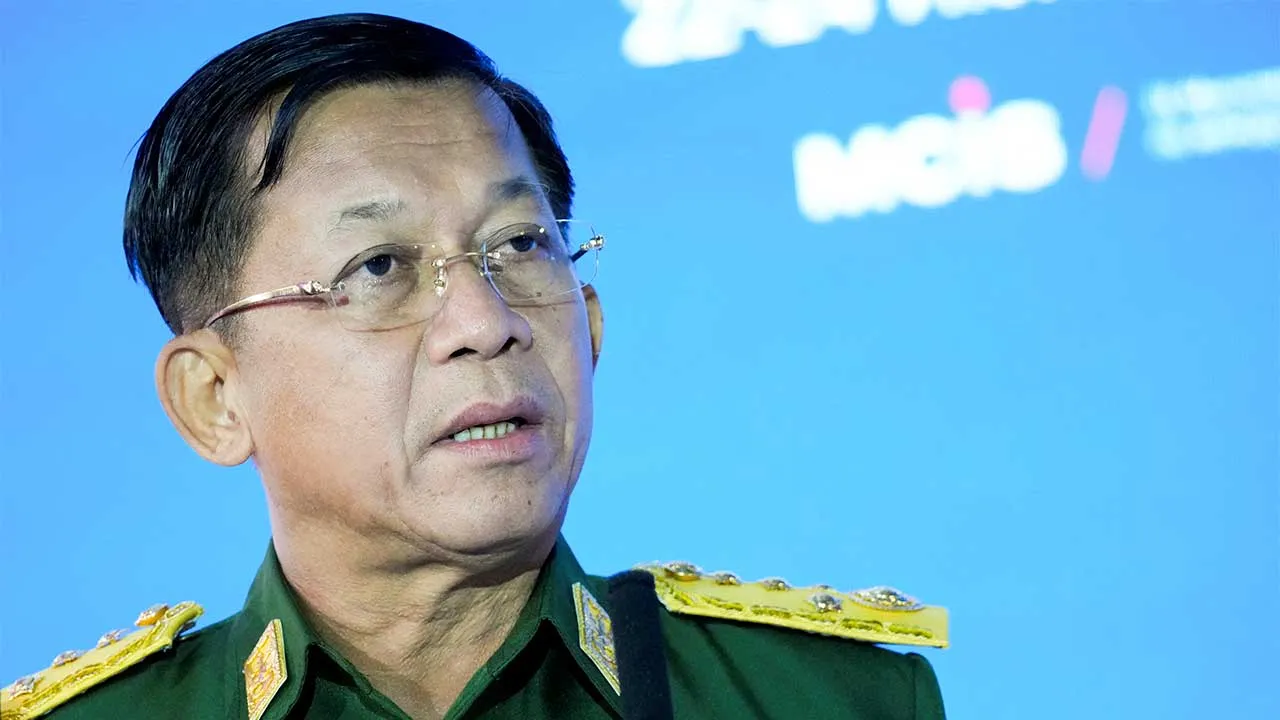 FILE PHOTO: Commander-in-Chief of Myanmar's armed forces, Senior General Min Aung Hlaing delivers his speech at the IX Moscow conference on international security in Moscow, Russia June 23, 2021. Alexander Zemlianichenko/Pool via REUTERS/File Photo
