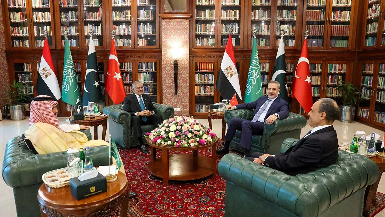 Foreign Ministers Badr Abdelatty of Egypt, Prince Faisal bin Farhan Al Saud of Saudi Arabia, Ishaq Dar of Pakistan and Hakan Fidan of Turkey meet to discuss regional de-escalation, amid the U.S.-Israel conflict with Iran, in Islamabad, Pakistan, March 29, 2026. Muammer Tan/Turkish Foreign MinistryHandout via REUTERS ATTENTION EDITORS - THIS PICTURE WAS PROVIDED BY A THIRD PARTY. NO RESALES. NO ARCHIVES. TPX IMAGES OF THE DAY