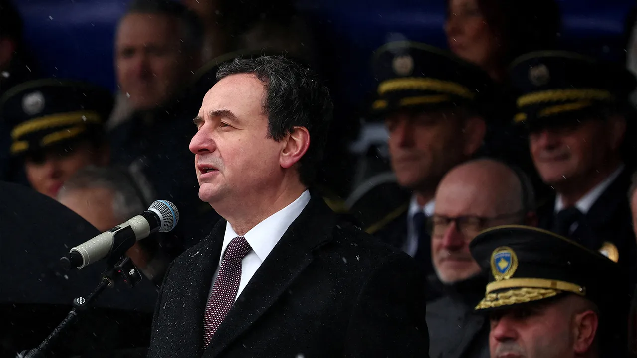 Kosovo's Prime Minister Albin Kurti delivers his speech at a parade during celebrations of the 18th anniversary of Kosovo independence in Pristina, Kosovo, February 17, 2026. REUTERS/Florion Goga