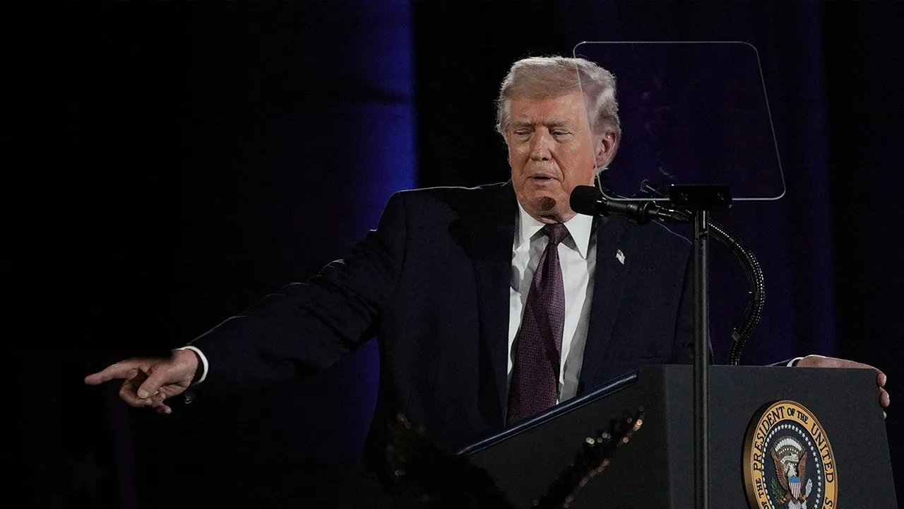 U.S. President Donald Trump points as he delivers a speech during the National Republican Congressional Committee (NRCC) annual fundraising dinner in Washington, D.C., U.S., March 25, 2026. REUTERS/Ken Cedeno