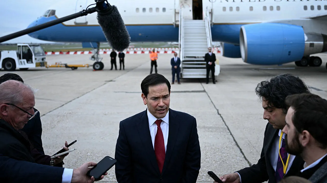 US Secretary of State Marco Rubio speaks to the press following a G7 Foreign Ministers' meeting with Partner Countries before his departure at the Bourget airport in Le Bourget, outside Paris, France, March 27, 2026. Brendan Smialowski/Pool via REUTERS
