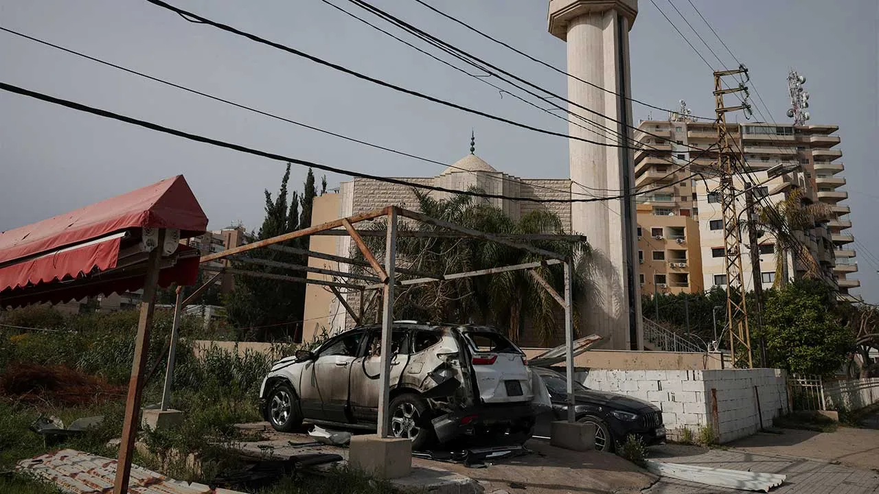 Damaged cars after an Israeli strike, which killed Ghadir Baalbaki, 19, and wounded her two sisters, in Tyre, south Lebanon, April 15, 2026. REUTERS/Louisa Gouliamaki