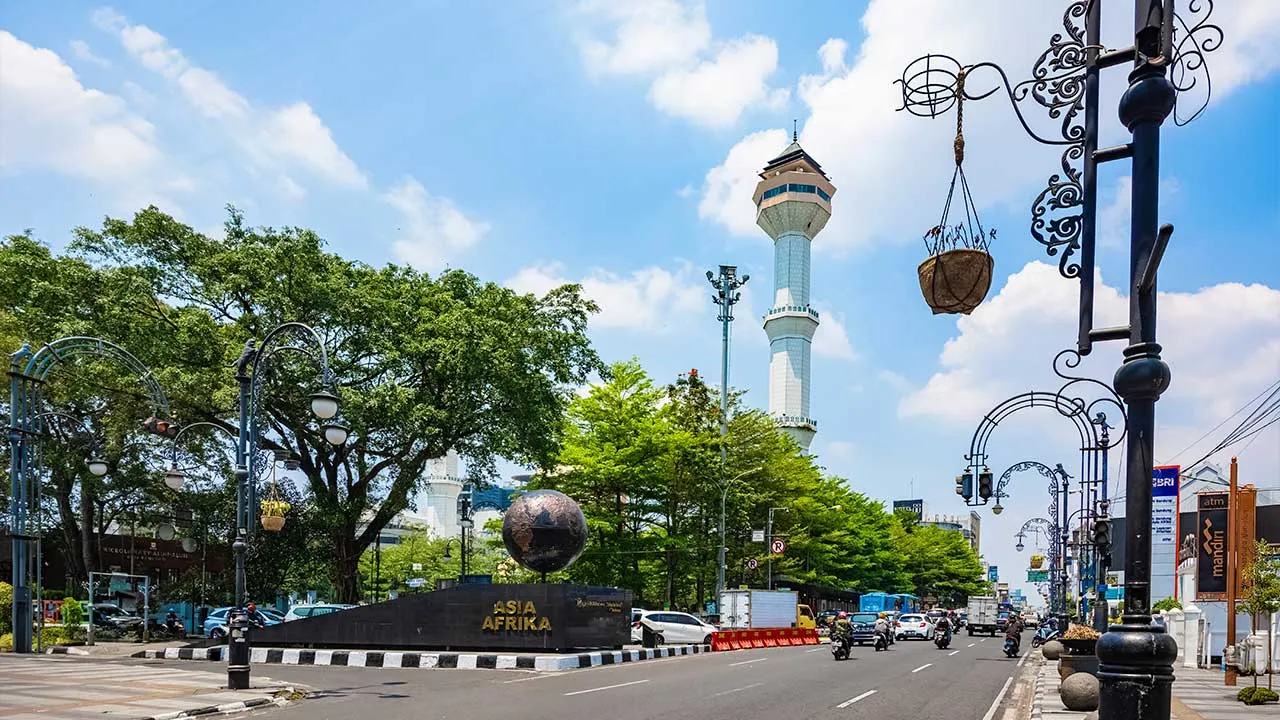 Bandung, Indonesia - 2 Nov 2023: The iconic and historic asia africa street in Bandung, Indonesia; at sunny day
