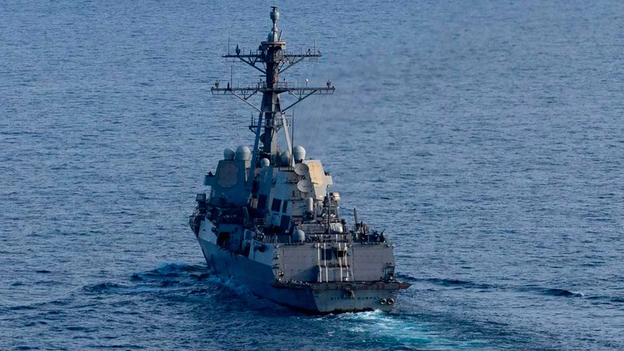 Guided-missile destroyer USS Michael Murphy (DDG 112) patrols the Arabian Sea, April 17, as U.S. forces enforce the naval blockade on ships attempting to enter or exit Iranian ports. Since commencement of the blockade, 21 ships have complied with direction from U.S. forces to turn around and return to Iran.