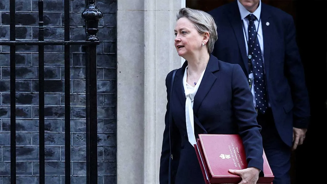 FILE PHOTO: British Foreign Secretary Yvette Cooper leaves following a cabinet meeting at Downing Street, in London, Britain, March 3, 2026. REUTERS/Toby Melville/File Photo