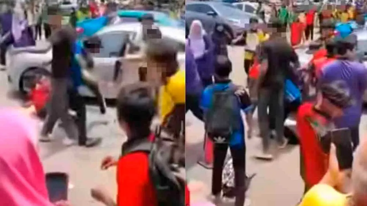 Video tular memaparkan kejadian pergaduhan di hadapan sebuah sekolah di Skudai.