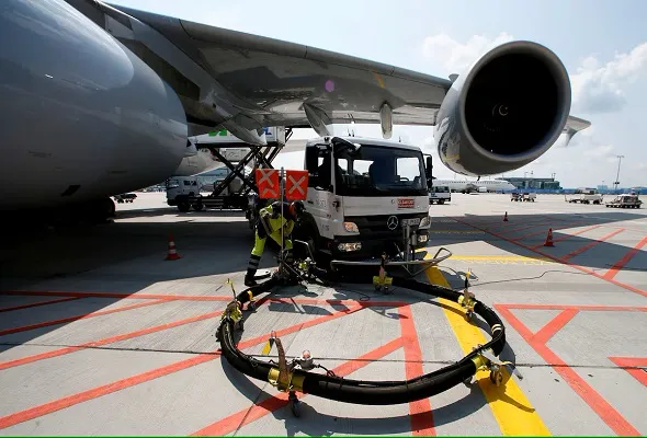 A Lufthansa Airbus 380 is refuelled in Frankfurt airport,