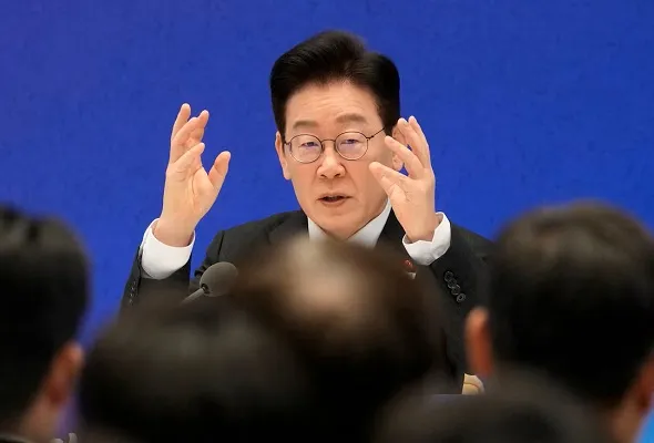 South Korean President Lee Jae Myung speaks during his new year press conference at the presidential Blue House in Seoul, South Korea