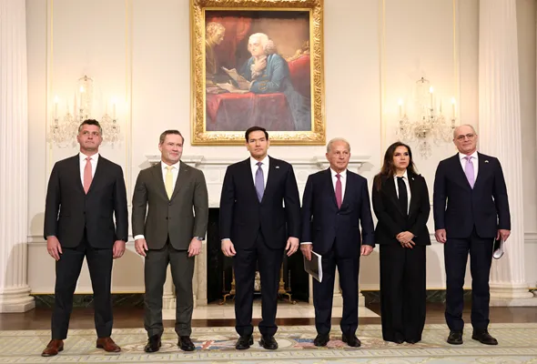 U.S. State Department Counsellor Michael Needham, U.S. Ambassador to the UN Mike Waltz, U.S. Secretary of State Marco Rubio, U.S. Ambassador to Lebanon Michel Issa, Lebanon's Ambassador to the U.S. Nada Hamadeh Moawad and Israel Ambassador to the U.S. Yechiel Leiter pose for a photo before their meeting at the State Department in Washington, DC, U.S., April 14, 2026. REUTERS/Kevin Lamarque