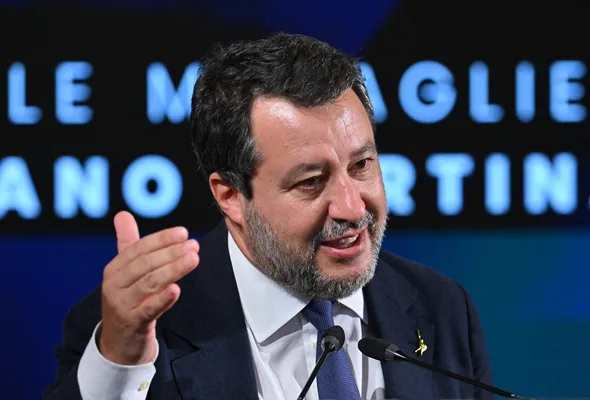  Italy Deputy Prime Minister Matteo Salvini, during the unveiling of the Milano Cortina Winter Olympics medals at Palazzo Balbi, Venice, Italy - July 15, 2025 REUTERS/Alberto Lingria/File Photo