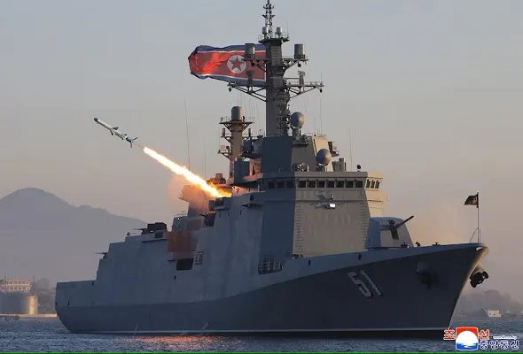 A missile is fired during a test-fire of strategic cruise missiles and anti-warship missiles from the destroyer Choe Hyon.