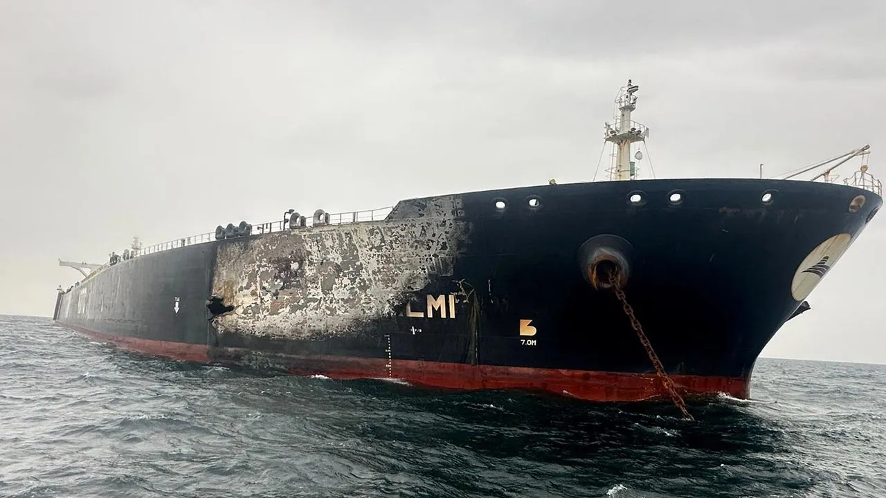 Damage to the Kuwait-flagged Al-Salmi crude oil tanker, following a reported strike, amid the U.S.-Israeli conflict with Iran, March 31, 2026. Kuwait Petroleum Corporation/Handout via REUTERS 