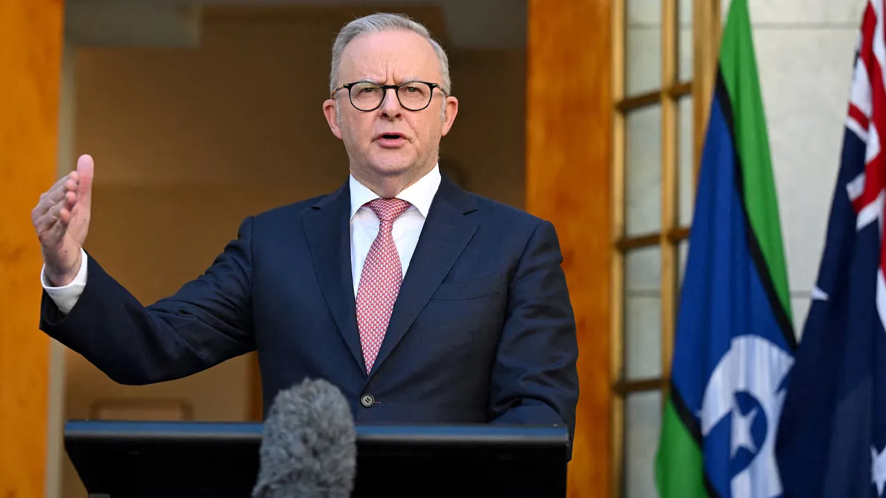 Australian Prime Minister Anthony Albanese speaks to the media during a press conference at Parliament House in Canberra, Australia, 30 March, 2026. Lukas Coch/AAP/via REUTERS./File Photo Purchase Licensing Rights