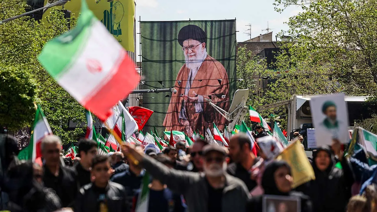 A banner with an image of late Supreme Leader of Iran Ayatollah Ali Khamenei during a ceremony marking 40 days since he was killed in Israeli and U.S. strikes, in Tehran, Iran, April 9, 2026. Majid Asgaripour/WANA (West Asia News Agency) via REUTERS ATTENTION EDITORS - THIS PICTURE WAS PROVIDED BY A THIRD PARTY