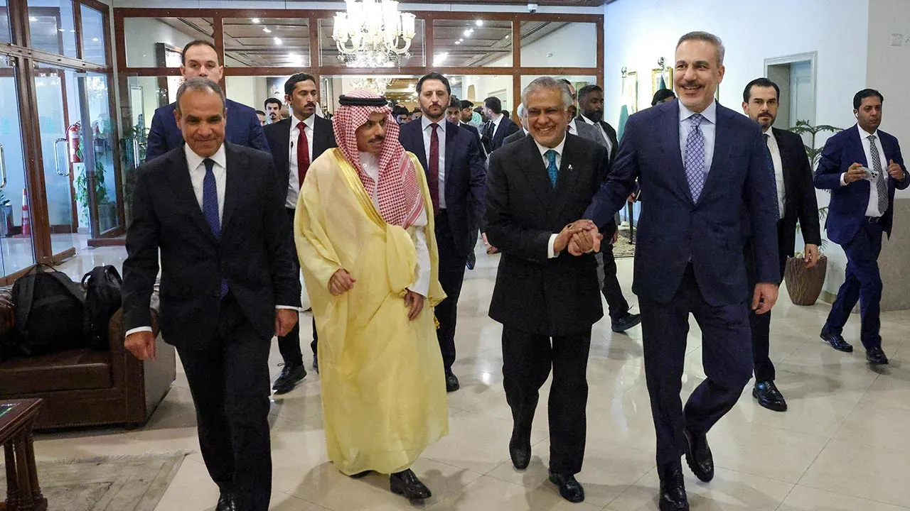 FILE PHOTO: Foreign Ministers Badr Abdelatty?of Egypt, Prince Faisal bin Farhan Al Saud of Saudi Arabia, Ishaq Dar of Pakistan and Hakan Fidan of Turkey meet to discuss regional de-escalation, amid the U.S.-Israel conflict with Iran, in Islamabad, Pakistan, March 29, 2026. Muammer Tan/Turkish Foreign MinistryHandout via REUTERS
