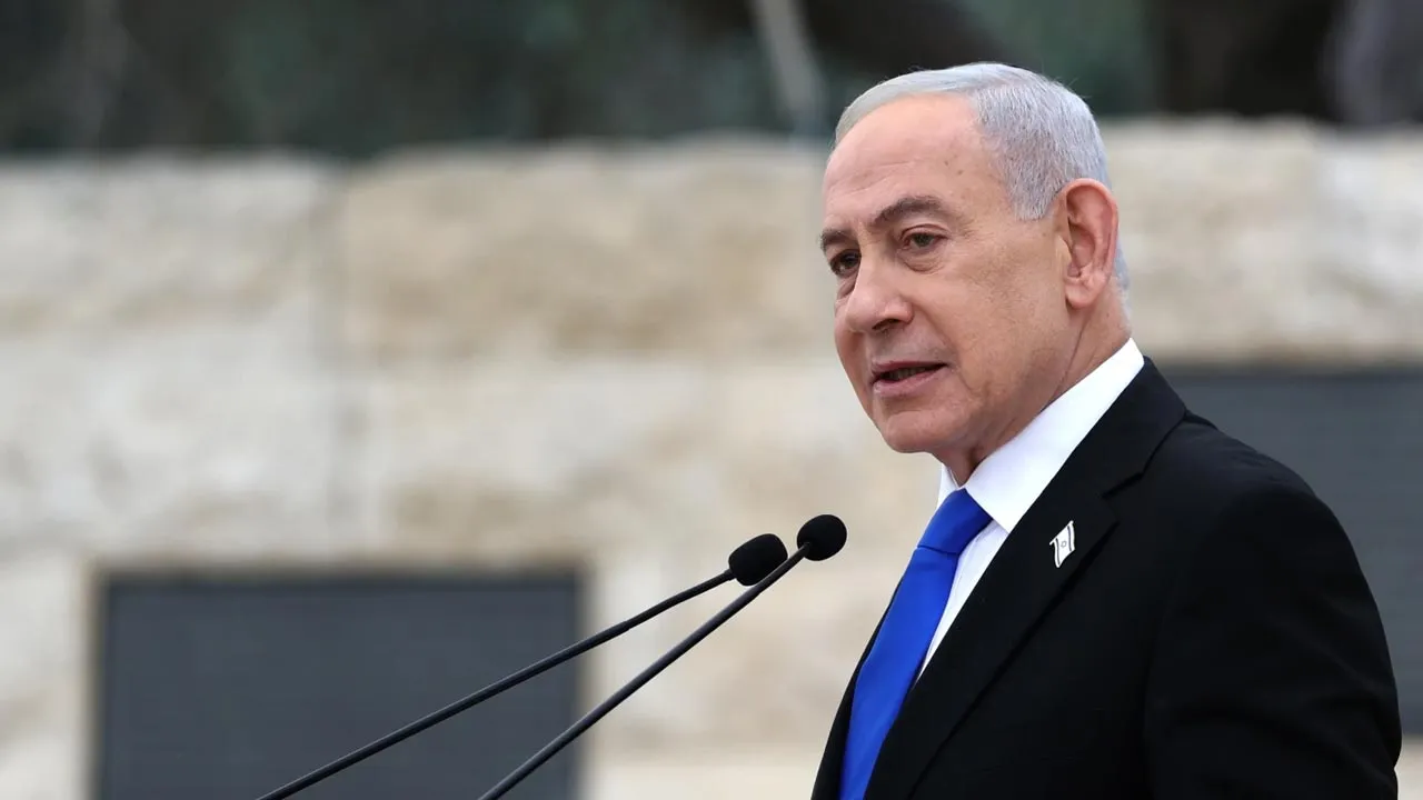 Israel's Prime Minister Benjamin Netanyahu attends a ceremony commemorating Israel's Remembrance Day for fallen soldiers, or Yom HaZikaron, at the Military Cemetery on Mount Herzl in Jerusalem, Tuesday April 21, 2026. (Ilia Yefimovich/Pool Photo via AP)