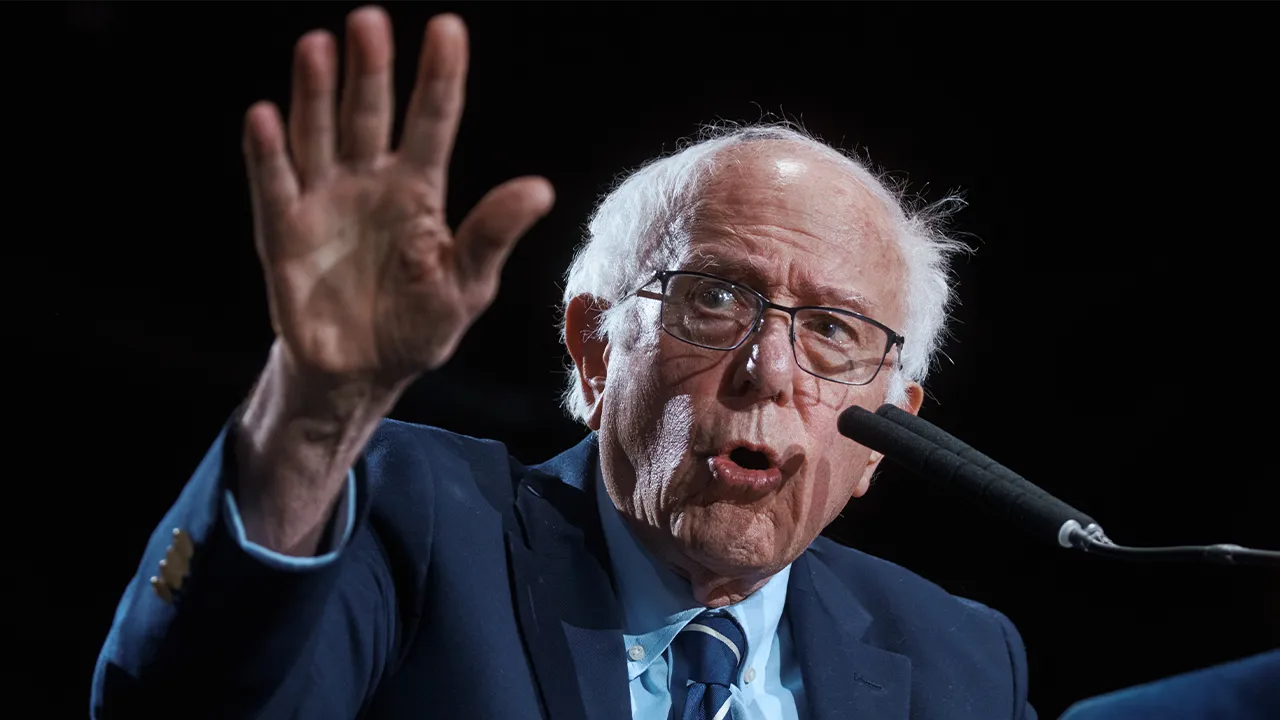 Rep. Bernie Sanders, I-Vt., speaks during an address marking New York City Mayor Zohran Mamdani first 100 days in office at the Knockdown Center, Sunday, April 12, 2026, in New York. (AP Photo/Andres Kudacki)