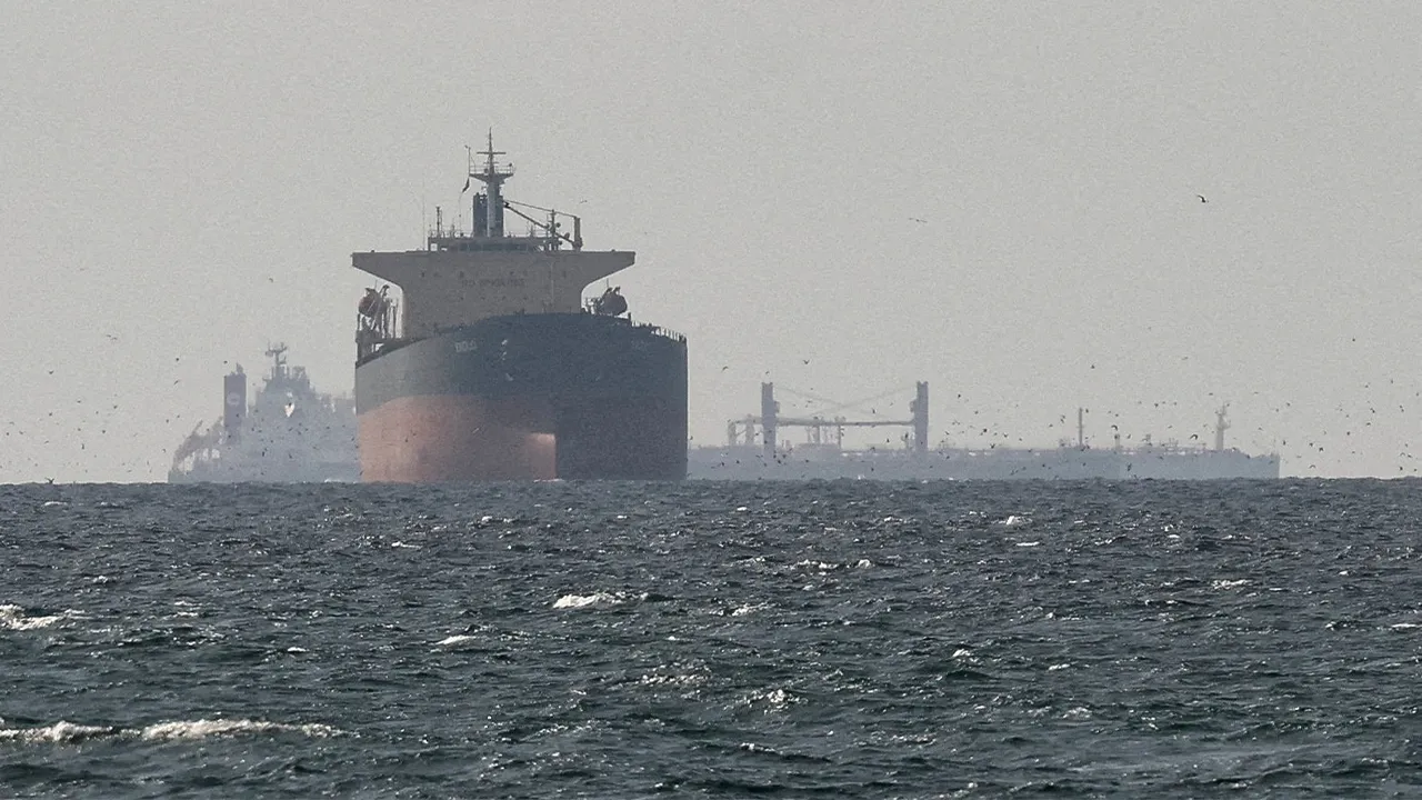 FILE PHOTO: Cargo ships in the Gulf, near the Strait of Hormuz, as seen from northern Ras al-Khaimah, near the border with Oman’s Musandam governance, amid the U.S.-Israeli conflict with Iran, in United Arab Emirates, March 11, 2026. REUTERS/Stringer/File Photo/File Photo