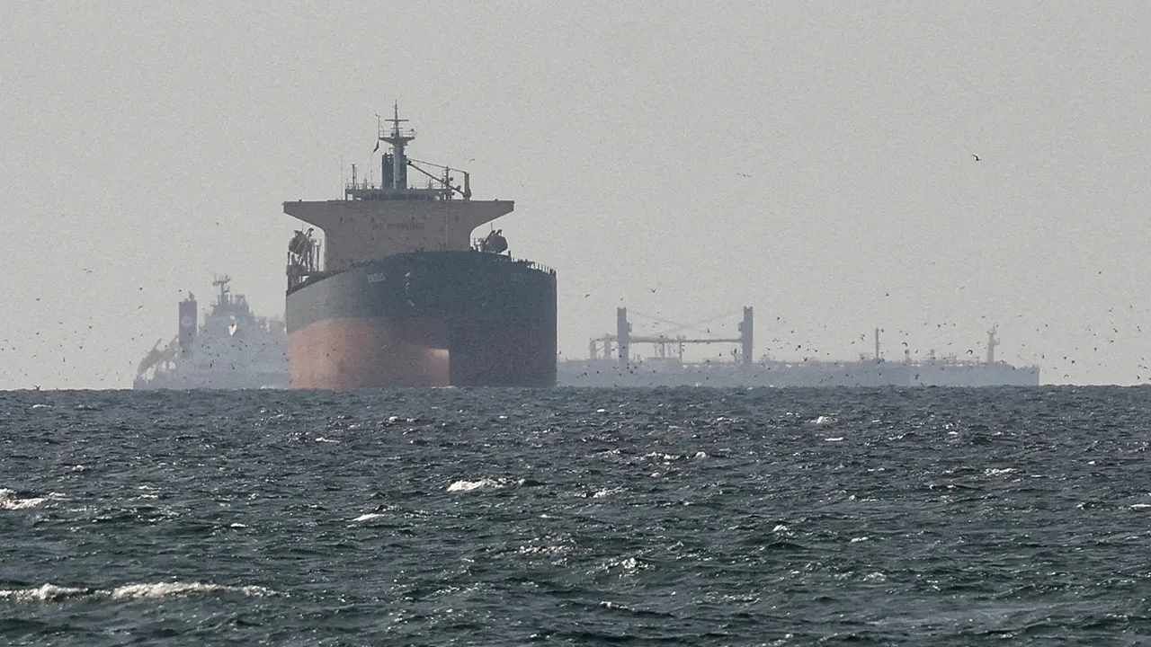 FILE PHOTO: Cargo ships in the Gulf, near the Strait of Hormuz, as seen from northern Ras al-Khaimah, near the border with Oman’s Musandam governance, amid the U.S.-Israeli conflict with Iran, in United Arab Emirates, March 11, 2026. REUTERS/Stringer/File Photo