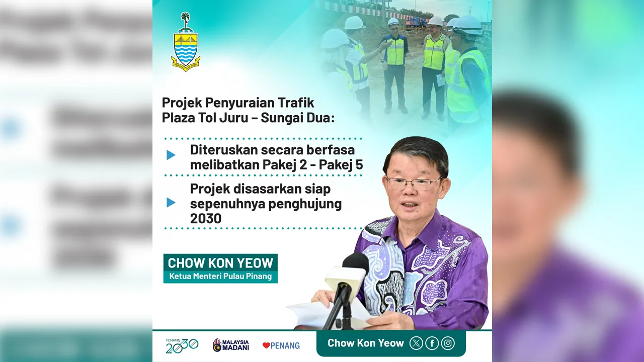 Maklumat yang dikongsikan oleh Lembaga Lebuhraya Malaysia (LLM), Projek Penyuraian Trafik Plaza Tol Juru – Sungai Dua (PTJSD) kini telah memasuki fasa pelaksanaan di tapak menerusi kerja-kerja fizikal bagi Pakej 1 yang bermula sejak Oktober tahun lalu. Pakej ini dijangka siap lebih awal dan beroperasi pada penghujung tahun 2027, selaras dengan tempoh pembinaan selama 24 bulan._FB Chow Kon Yeow 