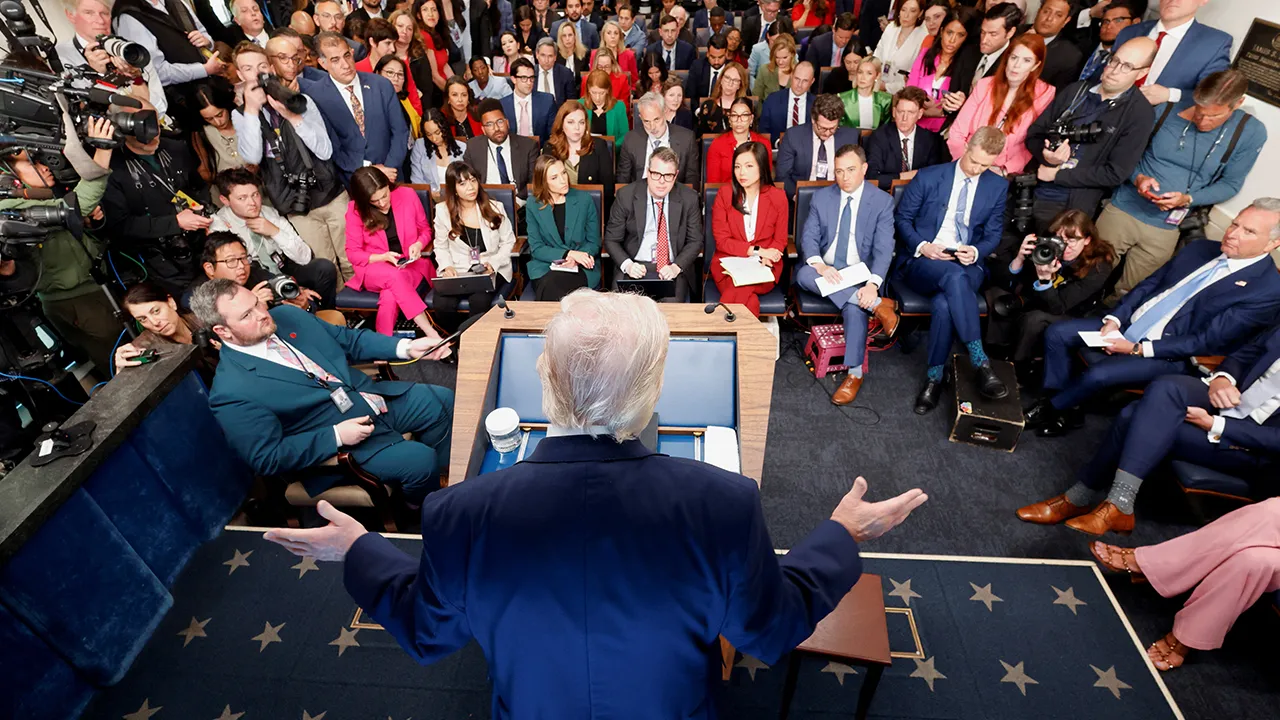 U.S. President Donald Trump gestures as he answers questions from the media during a press conference in the James S. Brady Press Briefing Room at the White House in Washington, D.C., U.S., April 6, 2026. REUTERS/Evelyn Hockstein