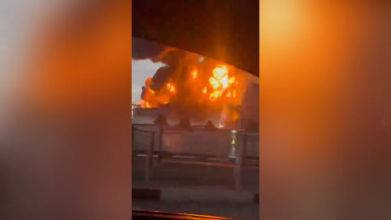 Smoke and flames rise following a drone attack at Russia's Tuapse oil refinery, amid the Russia-Ukraine conflict, in Tuapse, Krasnodar region, Russia, in this screengrab obtained from a social media video released on April 28, 2026. SOCIAL MEDIA/via REUTERS THIS IMAGE HAS BEEN SUPPLIED BY A THIRD PARTY. MANDATORY CREDIT. NO RESALES. NO ARCHIVES. NEWS USE ONLY. Verification Lines: Pipelines, utility poles, storage tanker, buildings and road layout matched file and satellite images Fire seen from the storage 