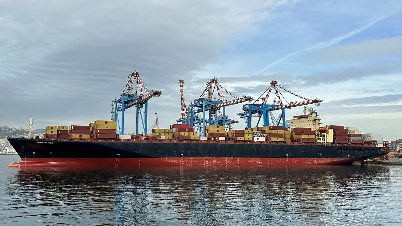FILE PHOTO: The Epaminondas container ship, in Naples, Italy March 12, 2025, in this picture obtained by Reuters on April 22, 2026. Picture taken with a mobile phone. Giovanni Costigliola/via REUTERS THIS IMAGE HAS BEEN SUPPLIED BY A THIRD PARTY. MANDATORY CREDIT. NO RESALES. NO ARCHIVES./File Photo VERIFICATION: Reuters verified the location and the date when the photos were taken from the metadata on the original image files.