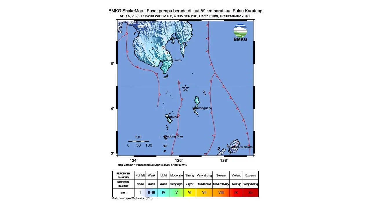 Update Info Gempa Mag:6.2, 04-Apr-26 17:34:30 WIB, Lok:4.90 LU,126.29 BT (89 km BaratLaut PULAUKARATUNG-SULUT), Kedlmn:31 Km, dirasakan di Kep. Talaud, Naha III-IV MMI dan Manado II-III MMI ::BMKG_X @infoBMKG