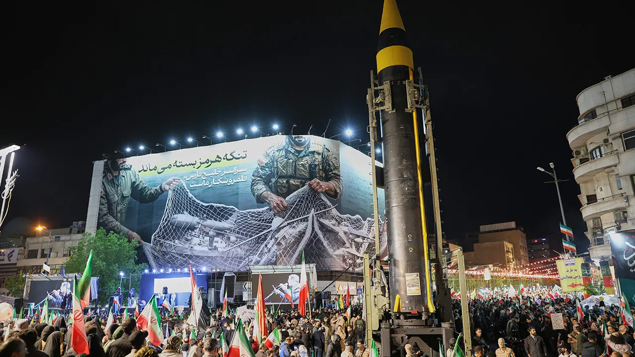 A ballistic missile is displayed by Iran's Revolutionary Guard during a pro-government demonstration at Enqelab-e-Eslami (Islamic Revolution) Square in downtown Tehran, Iran, Tuesday, April 21, 2026. (Alireza Masoumi/ISNA via AP)
