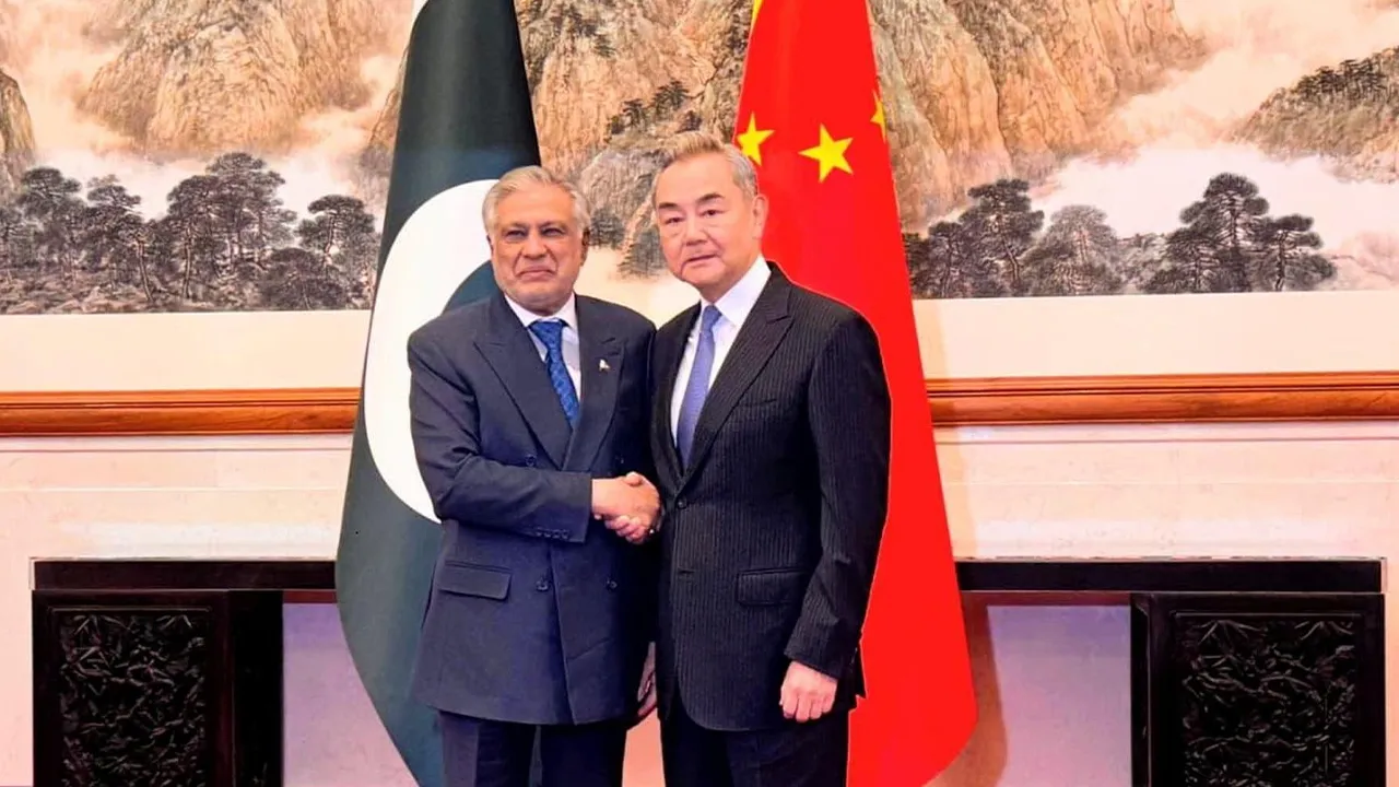 Pakistan's Deputy Prime Minister and Minister for Foreign Affairs Senator Mohammad Ishaq Dar meets with Chinese Foreign Minister Wang Yi, at the Diaoyutai State Guesthouse in Beijing, China, March 31, 2026. Press Information Department (PID)/Handout via REUTERS THIS IMAGE HAS BEEN SUPPLIED BY A THIRD PARTY.