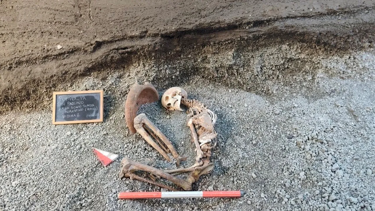 This image released by the Italian Culture Ministry on Monday, April 27, 2026, shows a victim of the AD 79 eruption of Mount Vesuvius, in the Pompeii archaeological area near Naples in southern Italy. (Italian Culture Ministry via AP)