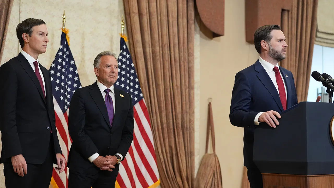 Vice President JD Vance, right, speaks during a news conference after meeting with representatives from Pakistan and Iran as Jared Kushner, left, and Steve Witkoff, Special Envoy for Peace Missions listen on Sunday, April 12, 2026, in Islamabad, Pakistan. (AP Photo/Jacquelyn Martin, Pool)