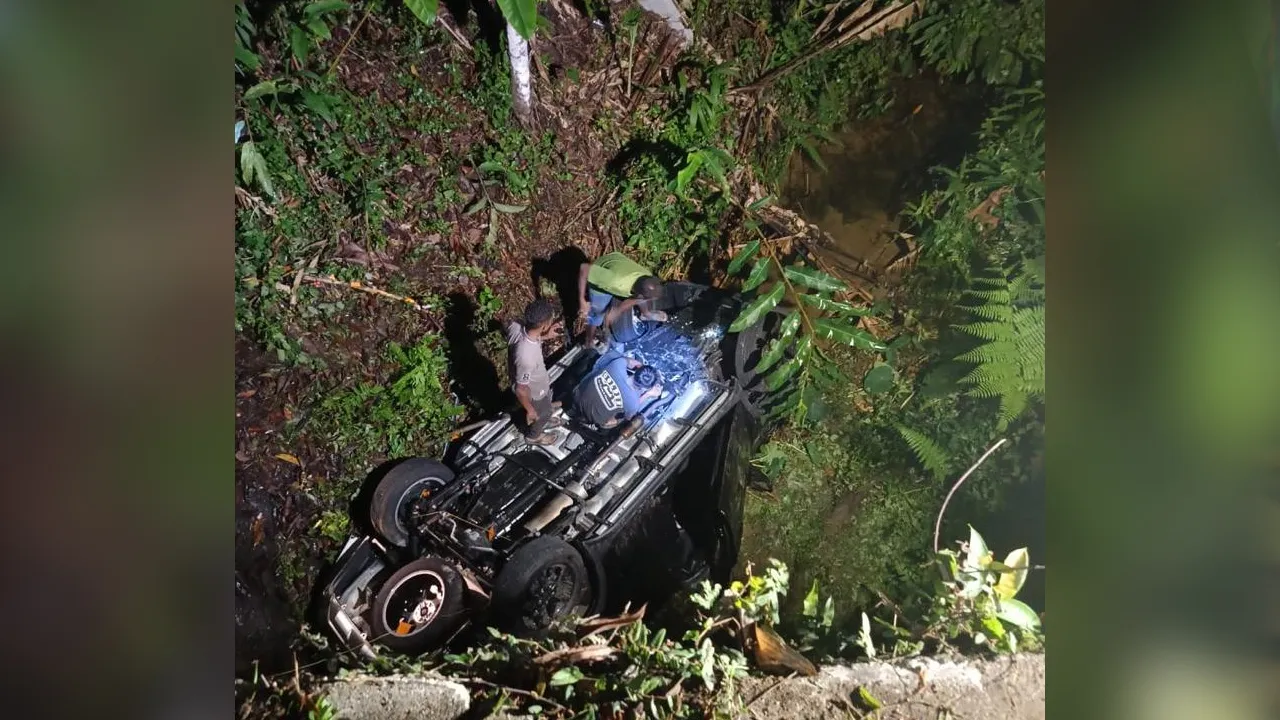 Seorang lelaki maut, lima anggota keluarga cedera dalam kemalangan melibatkan sebuah SUV yang terjatuh ke dalam gaung di Batu 21, Jalan Tapah - Cameron Highlands, malam tadi. Foto JBPM Perak