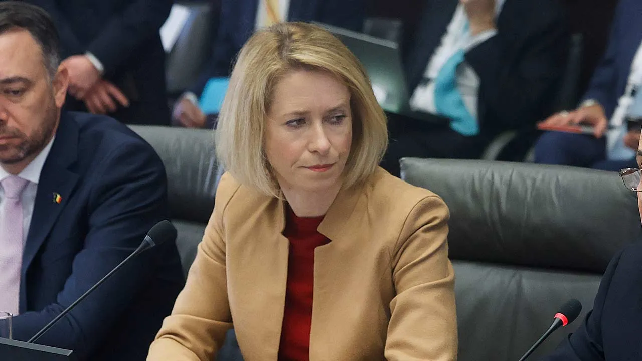 European Union foreign policy chief Kaja Kallas, center, listens as Palestinian Prime Minister Mohammad Mustafa, right, speaks during a meeting of the Global Alliance for the Implementation of the Two-State Solution in Brussels, Monday, April 20, 2026. (AP Photo/Geert Vanden Wijngaert)