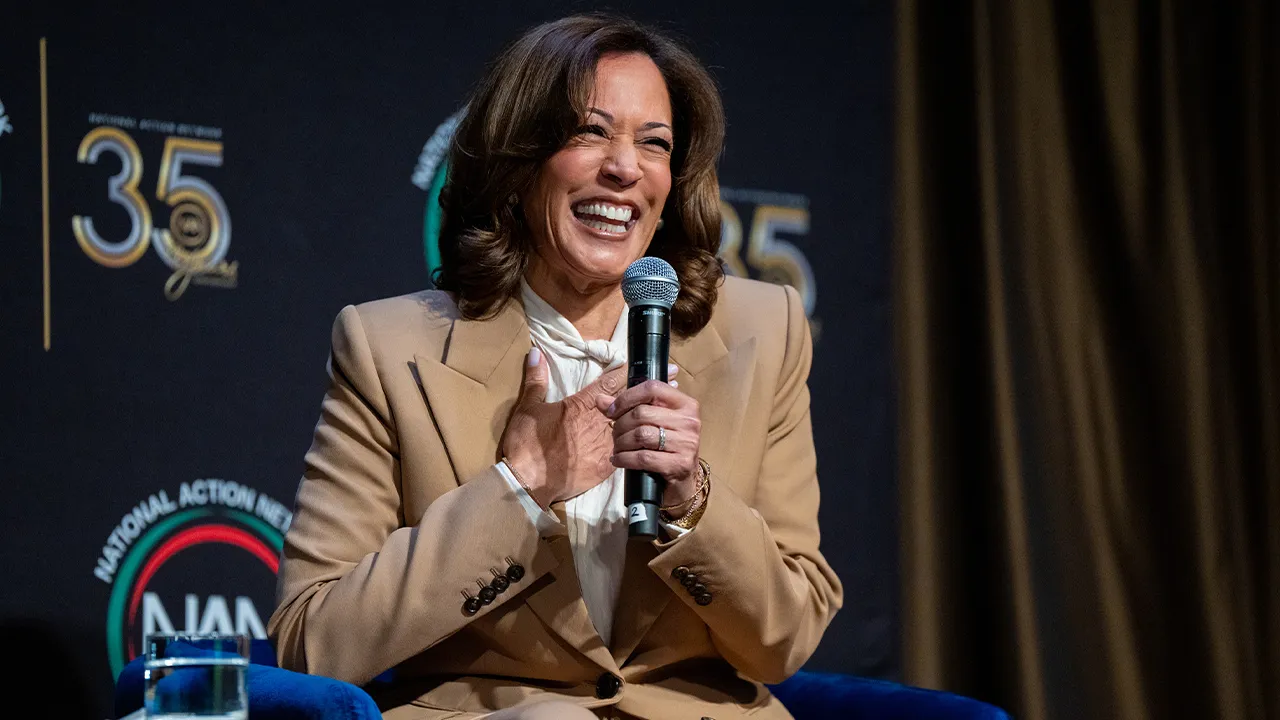Kamala Harris, former Vice President and 2024 Presidential candidate, speaks during the National Action Network (NAN) Convention in New York, Friday, April 10, 2026. (AP Photo/Angelina Katsanis)