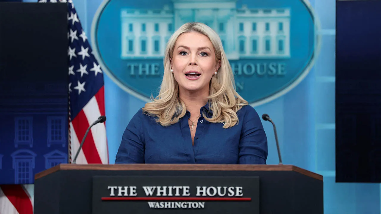 U.S. White House Press Secretary Karoline Leavitt speaks during a press briefing in the James S. Brady Press Briefing Room at the White House in Washington, D.C., U.S., April 8, 2026. REUTERS/Evelyn Hockstein