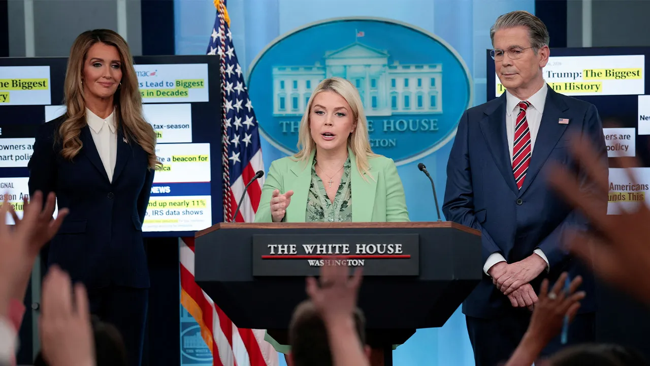 White House Press Secretary Karoline Leavitt takes questions from the media next to U.S. Treasury Secretary Scott Bessent and Small Business Administrator Kelly Loeffler during a press briefing in the James S. Brady Press Briefing Room at the White House in Washington, D.C., U.S., April 15, 2026. REUTERS/Evan Vucci