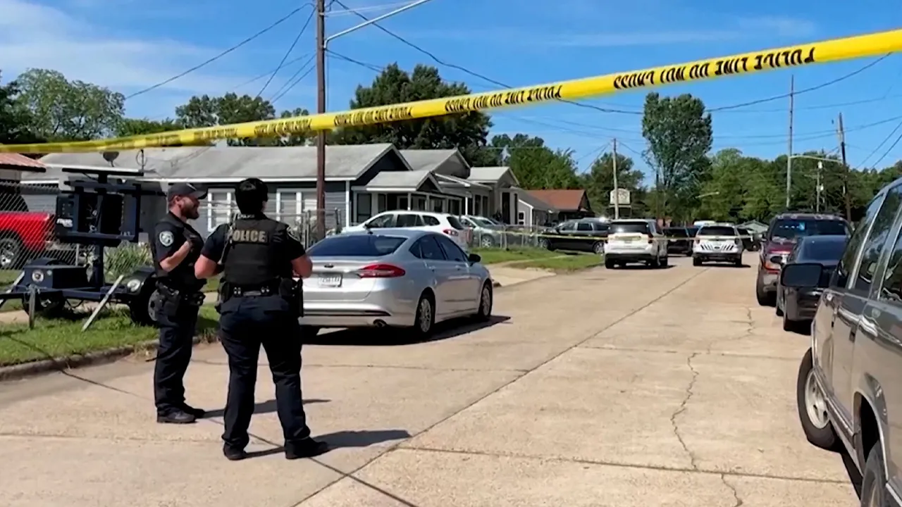 Police officers secure a street where eight children, with ages ranging from 1 to 14, were killed in a mass shooting in Shreveport, Louisiana, U.S., April 19, 2026, in a still image from video. ABC Affiliate KTBS via REUTERS/Handout via REUTERS THIS IMAGE HAS BEEN SUPPLIED BY A THIRD PARTY. NO RESALES. NO ARCHIVES.