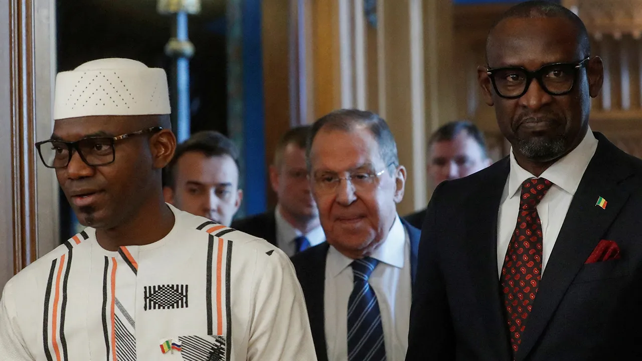 Mali Defence Minister Sadio Camara, Russian Foreign Minister Sergey Lavrov and Minister for Foreign Affairs and Cooperation of Mali Abdoulaye Diop enter a hall during their meeting in Moscow, Russia, 28 February 2024. MAXIM SHIPENKOV/Pool via REUTERS/File Photo